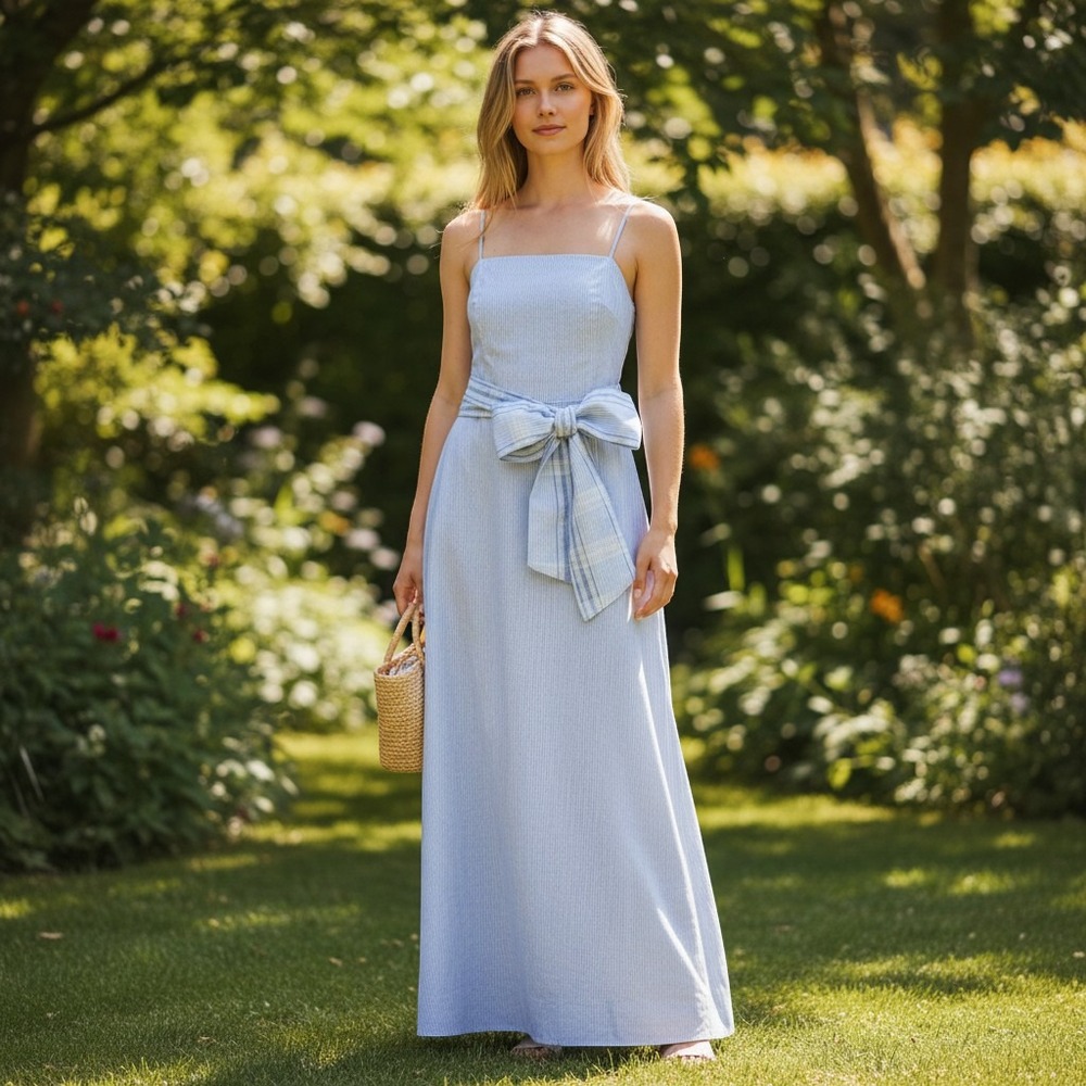 Light Blue Spaghetti Strap Maxi Dress with Plaid‎ Waist Tie Bow Sash